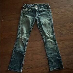 True Religion Joey Flare Jeans with Distressed Details on knees Rare USA piece